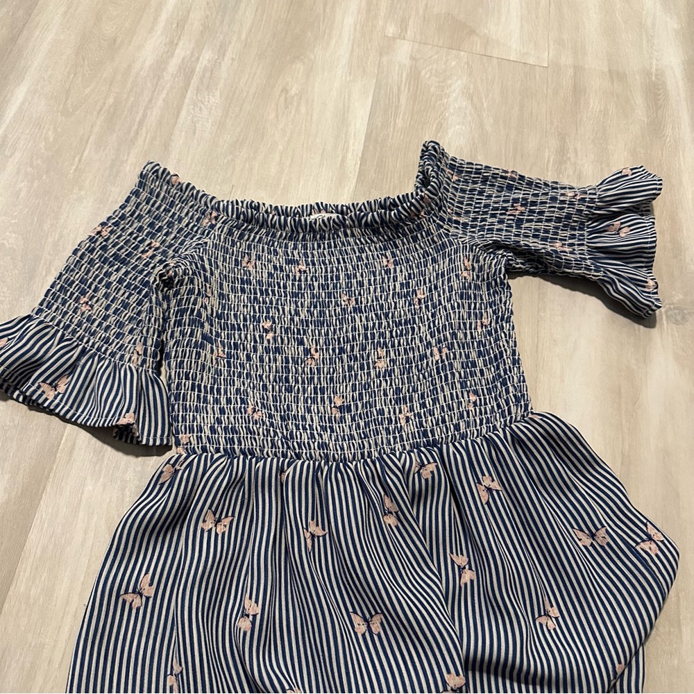 Lots of Love Blue Floral Striped Smocked Stretch Dress Sz S - Picture 6 of 7